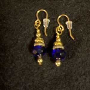 Gold Metal and Cobalt Blue Bead Earrings